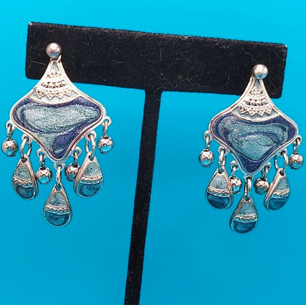Vintage Blue Enamel Boho Chandelier Dangle Earrings
